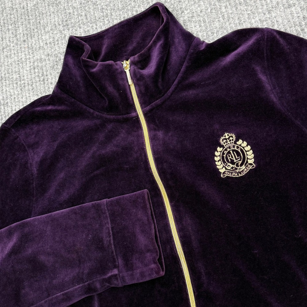 Lauren Ralph Lauren Womens Purple Velour Gold Crest Zip Up Track Jacket XL